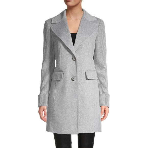 New Tahari Anna Wool Coat Gray Single Breasted Pocket Ribbed Knit Sleeve Sz M - Picture 2 of 8